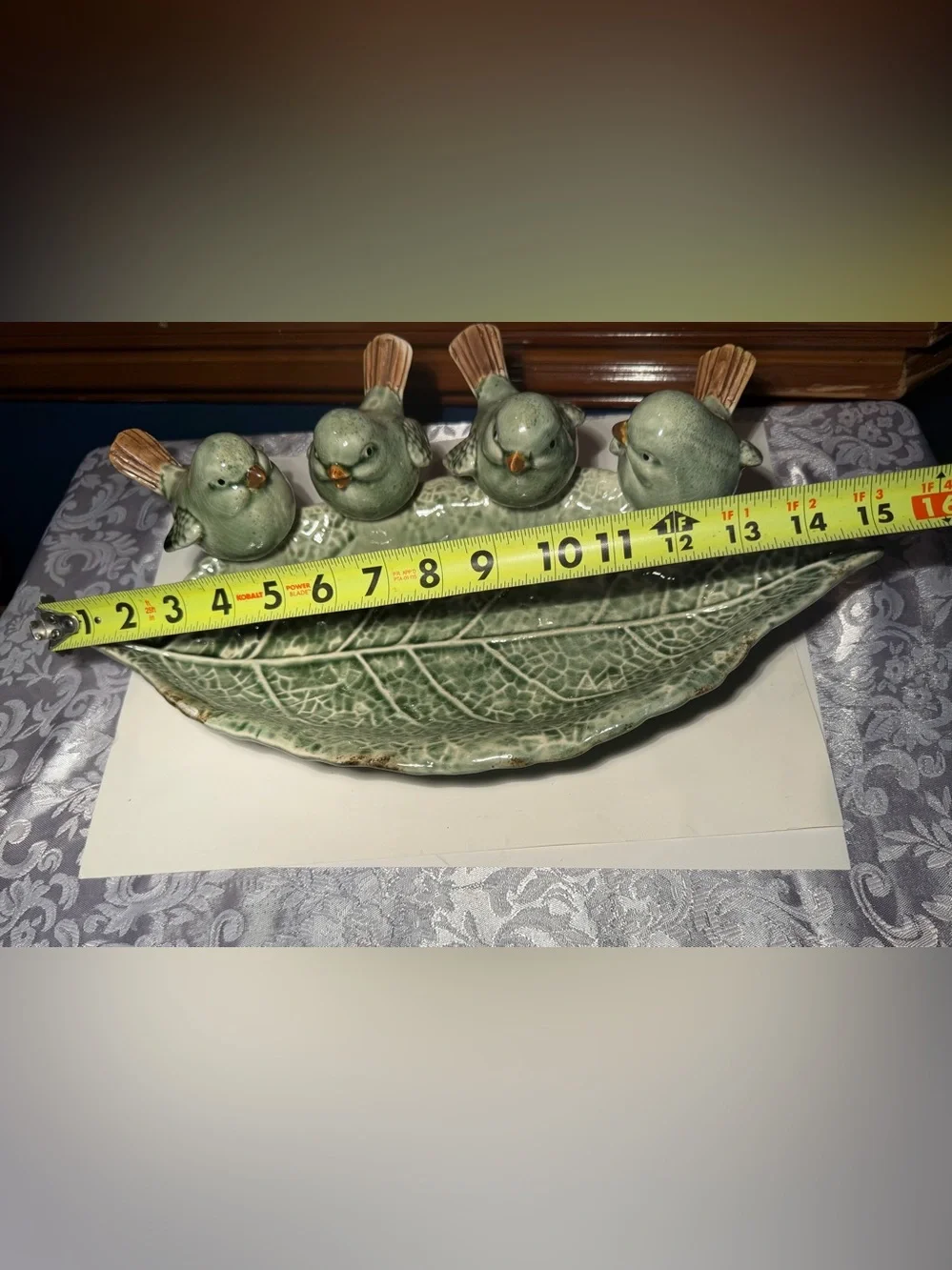 Boston International ceramic tray rustic green leaf design with 4 perched birds